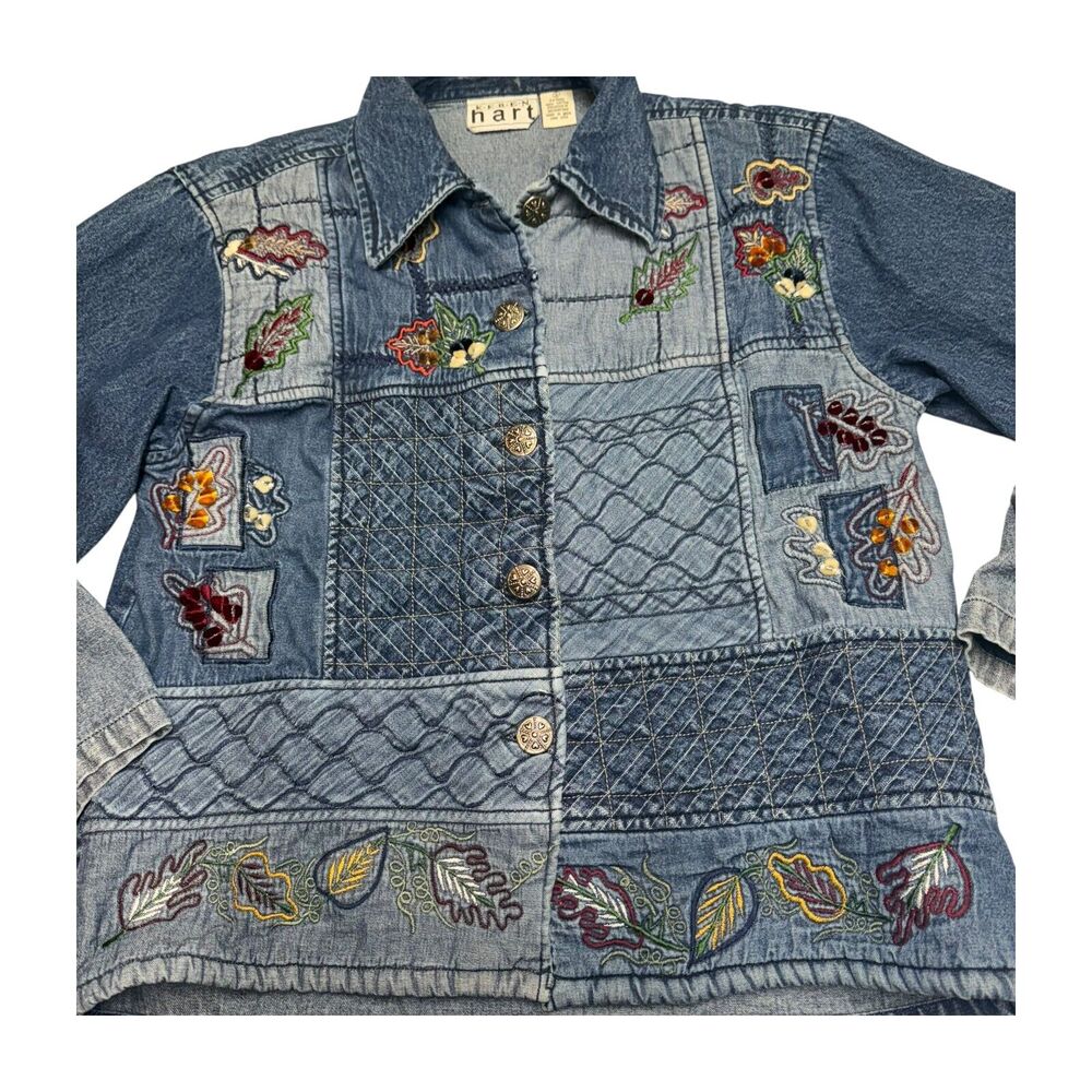 Vintage Keren Hart Denim Jacket Women’s Small Autumn Leaf Embroidered Quilted - Picture 7 of 8